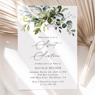 Greenery, Eucalyptus Leaves, Boho, Sweet 16 Invitation