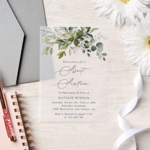 Greenery, Eucalyptus Leaves, Boho, Sweet 16 Vellum Invitations