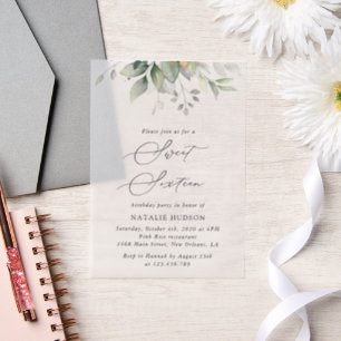Greenery, Eucalyptus Leaves, Boho, Sweet 16 Vellum Invitations