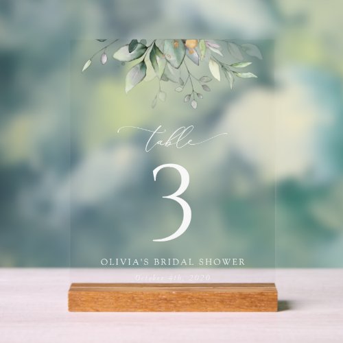 Greenery Eucalyptus Leaves Boho Table Numbers Acrylic Sign