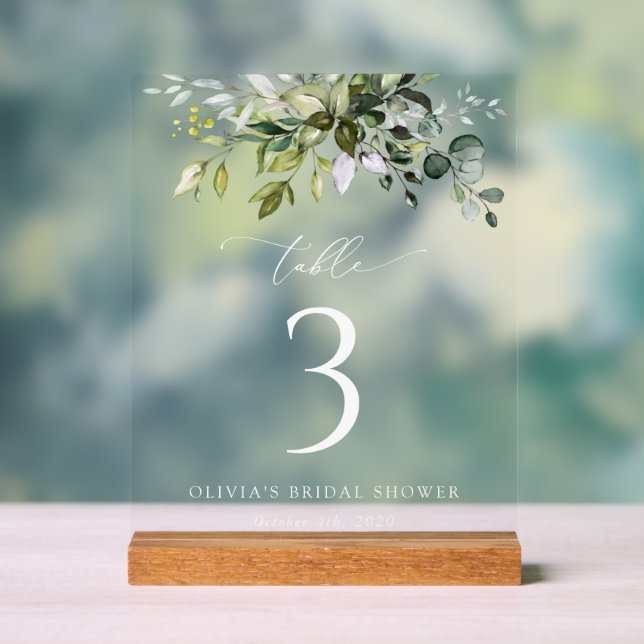 Greenery, Eucalyptus Leaves, Boho, Table Numbers Acrylic Sign (Neutral)