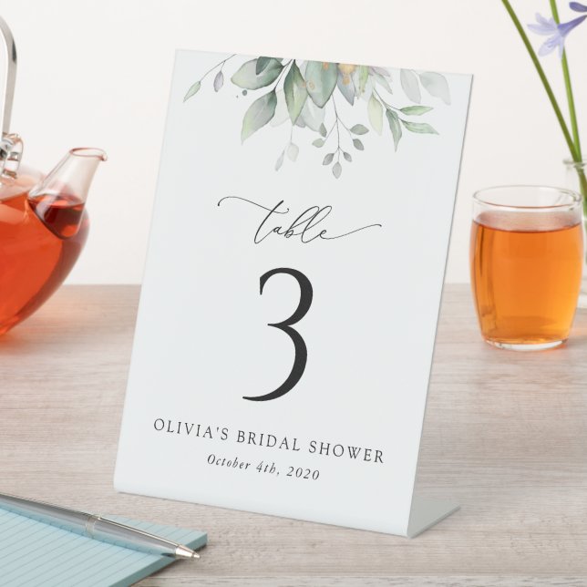 Greenery, Eucalyptus Leaves, Boho, Table Numbers Pedestal Sign (In SItu)