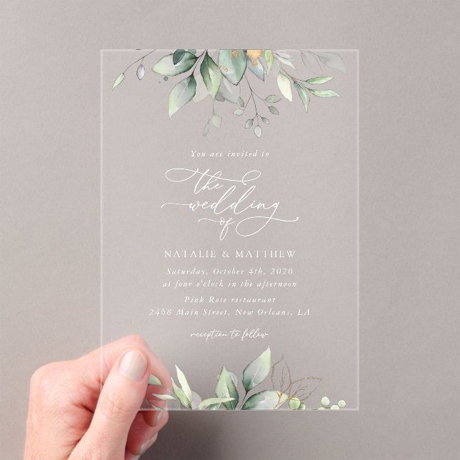 Greenery, Eucalyptus Leaves, Botanical Wedding Acrylic Invitations (Insitu (Handheld))
