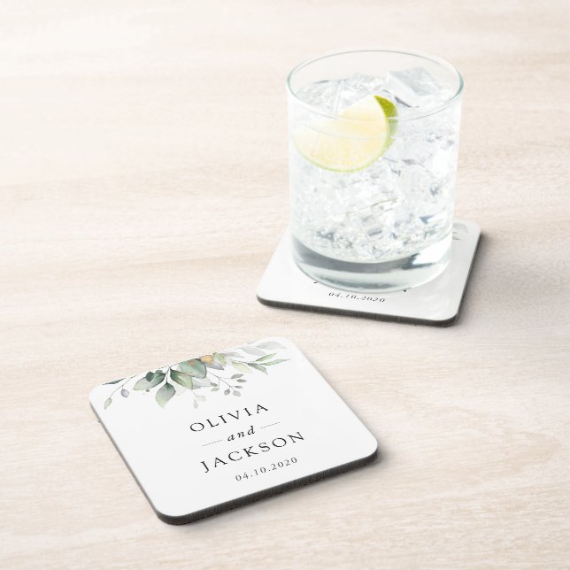 Greenery, Eucalyptus Leaves, Botanical Wedding Beverage Coaster (Right Side)
