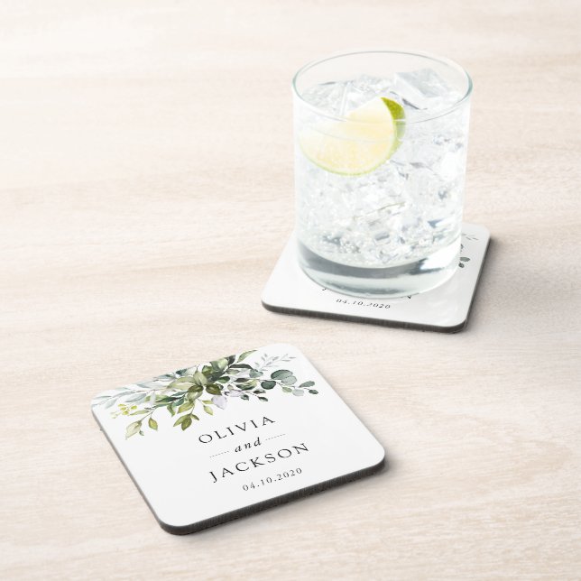 Greenery, Eucalyptus Leaves, Botanical Wedding Beverage Coaster (Right Side)
