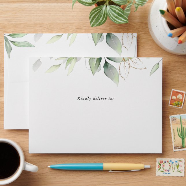 Greenery, Eucalyptus Leaves, Botanical Wedding Envelope (Desk)