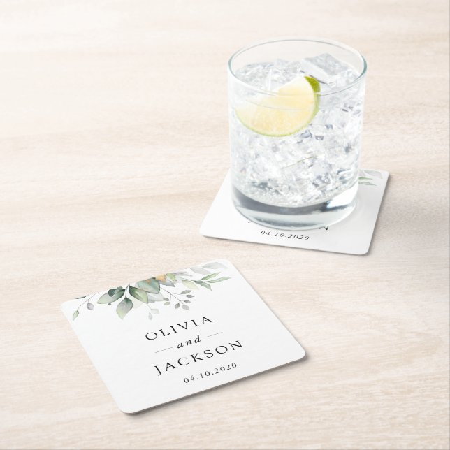 Greenery, Eucalyptus Leaves, Botanical Wedding Square Paper Coaster (Insitu)