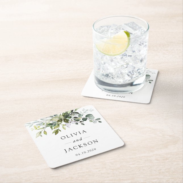 Greenery, Eucalyptus Leaves, Botanical Wedding Square Paper Coaster (Insitu)