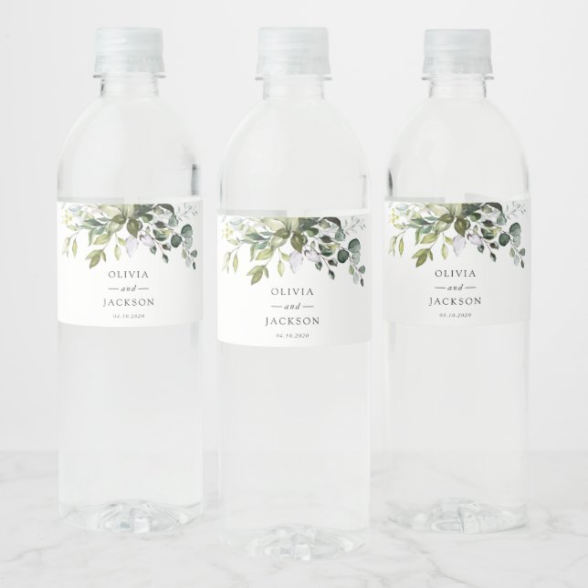 Greenery, Eucalyptus Leaves, Botanical Wedding  Water Bottle Label (Bottles)