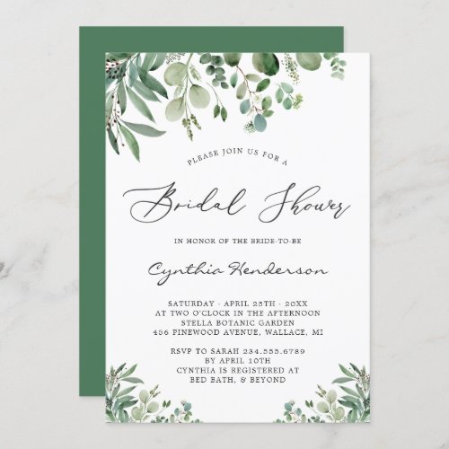 Greenery Eucalyptus Leaves Classy Bridal Shower Invitation - Celebrate the bride-to-be with this Eucalyptus Garden Bridal Shower Invitation that features Greenery Eucalyptus Leaves with a beautiful Calligraphy Script. It's easy to customize this design to be uniquely yours. "Bridal Brunch" and "Bridal Luncheon" scripts are also included in this template.
Please click on the "customize further" link and use our design tool to modify this template. If you need help or matching items, please contact me.