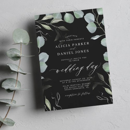 Greenery eucalyptus leaves elegant black wedding invitation