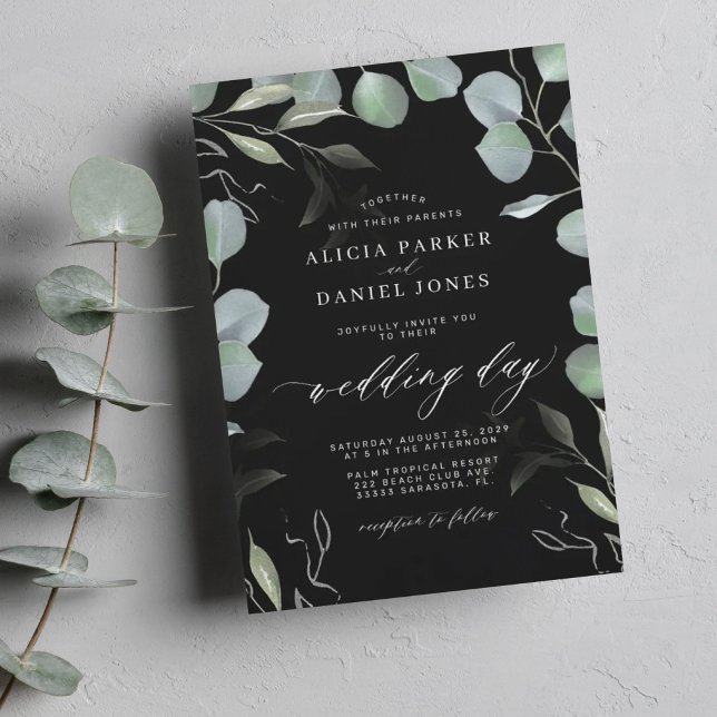 Greenery eucalyptus leaves elegant black wedding invitation (Creator Uploaded)