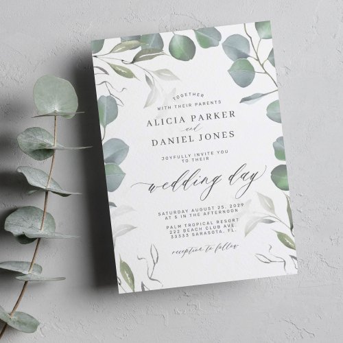 Greenery eucalyptus leaves elegant script wedding invitation