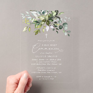 Greenery, Eucalyptus Leaves, First Holy Communion Acrylic Invitations