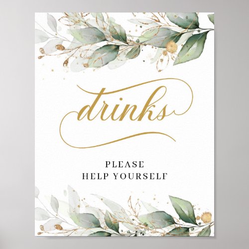 Greenery eucalyptus leaves floral gold drinks sign