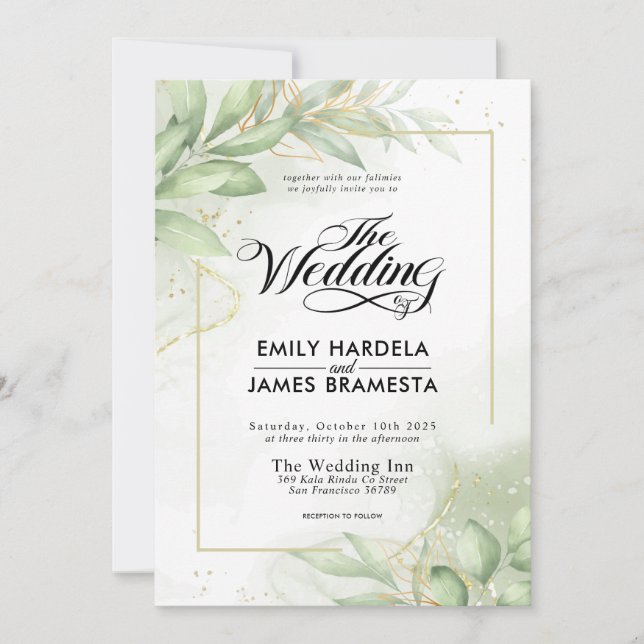Greenery Eucalyptus Leaves Gold Watercolor Wedding Invitation (Front)