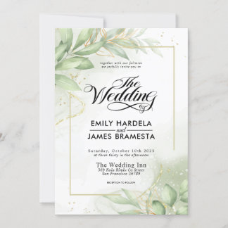 Greenery Eucalyptus Leaves Gold Watercolor Wedding Invitation