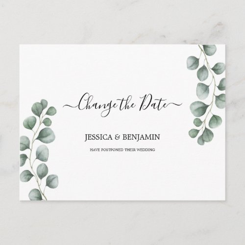 Greenery Eucalyptus Leaves Script Change of Date Postcard