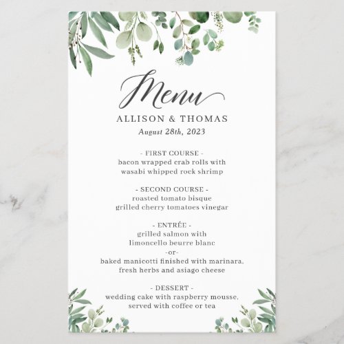 Greenery Eucalyptus Leaves Wedding Dinner Menu - Greenery Eucalyptus Leaves Wedding Dinner Menu. For further customization, please click the "customize further" link and use our design tool to modify this template. If you need help or matching items, please contact me.