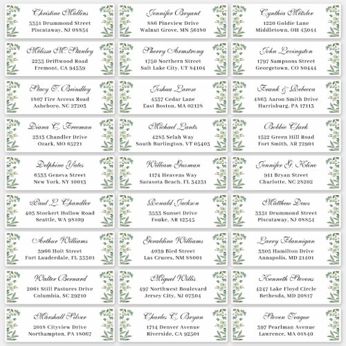 Greenery Eucalyptus Leaves Wedding Guest Address Sticker - Greenery Eucalyptus Leaves Wedding Guest Sticker - Personalized Address Label. 
(1) Single Label Size: around 4.25" x 1.25" in the 14" x 14" sticker.
(2) You are able to enter up to 27 guests addresses. 
(3) It takes a while to update the preview.
(4) Double check before adding it to your cart.
(5) For further customization, please click the "customize further" link and use our design tool to modify this template.