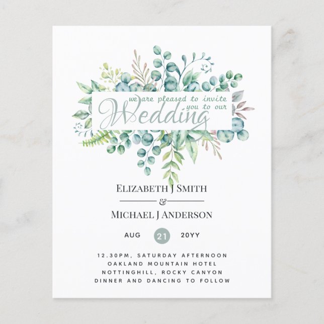 Greenery Eucalyptus Leaves Wedding Invites Budget (Front)