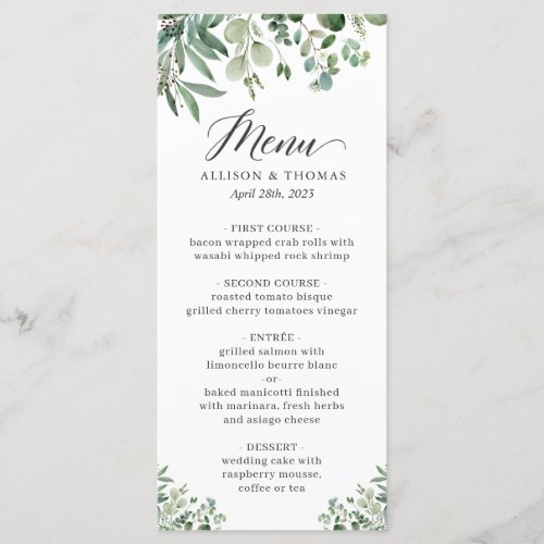 Greenery Eucalyptus Leaves Wedding Menu - Watercolor Greenery Eucalyptus Leaves Wedding Menu Card. For further customization, please click the "customize further" link and use our design tool to modify this template. If you need help or matching items, please contact me.