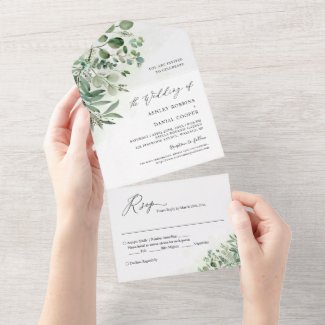 All in one wedding invitation with green eucalyptus leaves