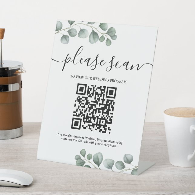 Greenery Eucalyptus Leaves Wedding Program QR Code Pedestal Sign (In SItu)