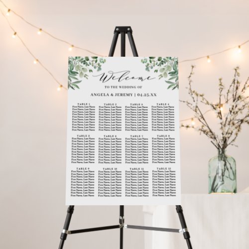 Greenery Eucalyptus Leaves Wedding Seating Chart Foam Board - Greenery Eucalyptus Leaves 12 Tables Wedding Seating Chart Foam Board. 
(1) The default size is 18 x 24 inches, you can change it to other size.  
(2) For further customization, please click the "customize further" link and use our design tool to modify this template.