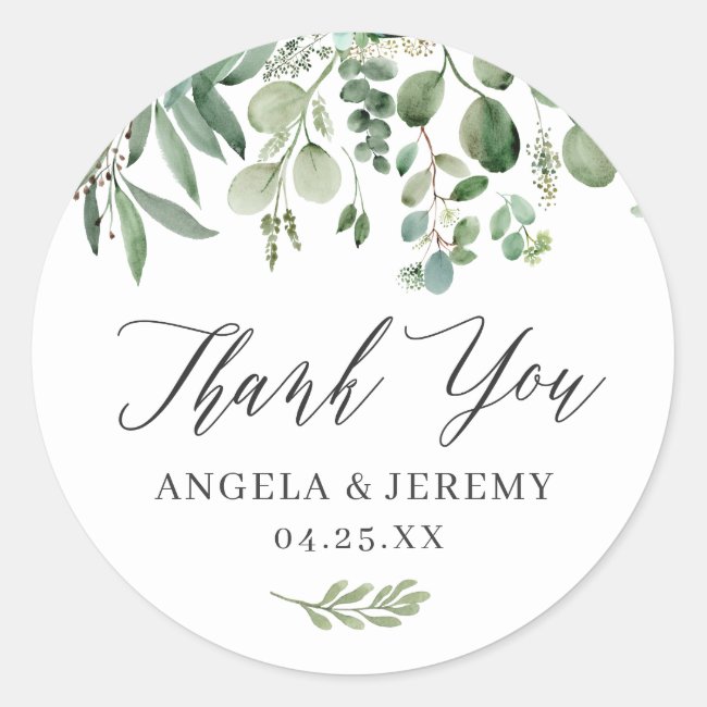 Greenery Eucalyptus Leaves Wedding Thank You Classic Round Sticker