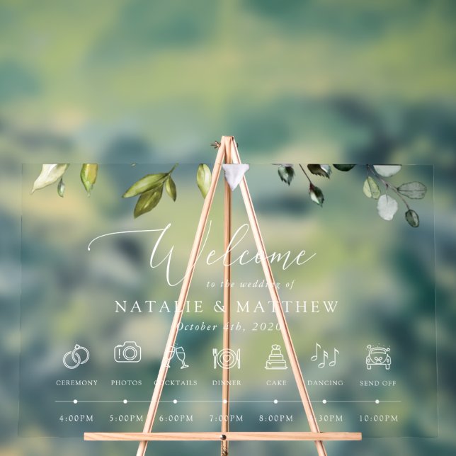 Greenery, Eucalyptus Leaves, Wedding Timeline Acrylic Sign (Neutral)