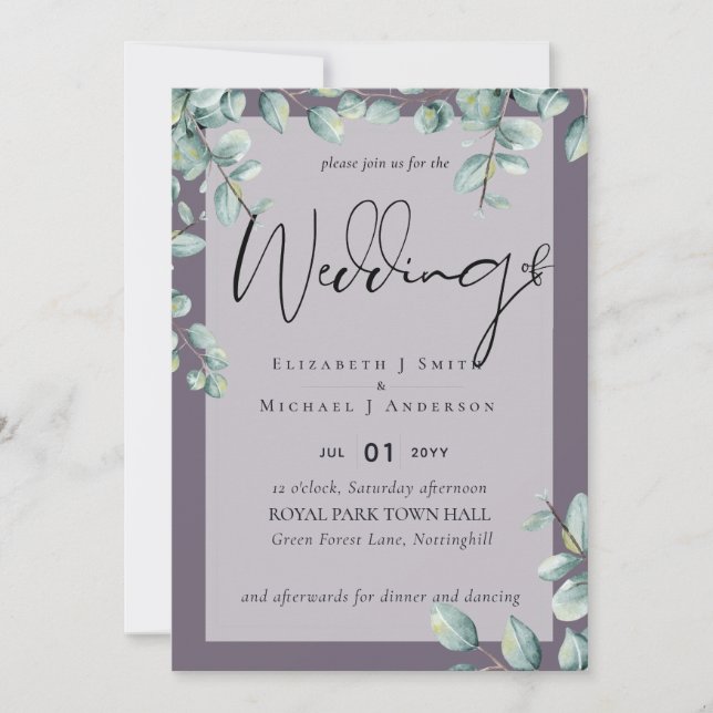 Greenery Eucalyptus Lilac Gray Wedding Invites (Front)