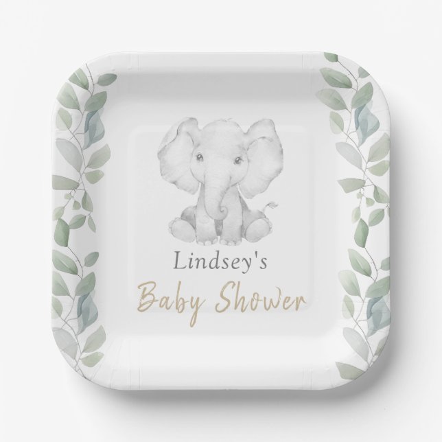Greenery Eucalyptus Little Elephant Baby Shower Paper Plates (Front)