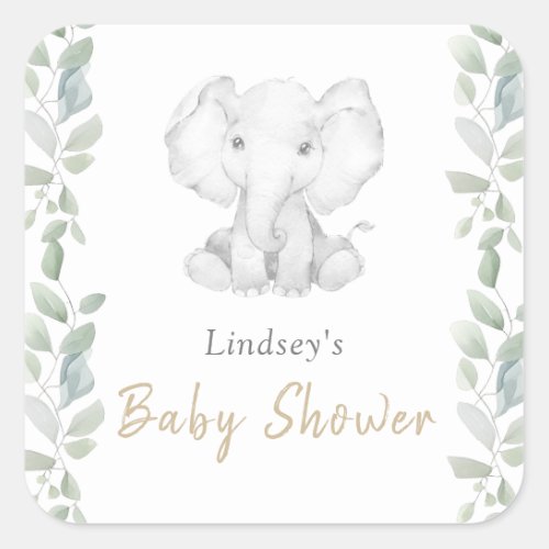 Greenery Eucalyptus Little Elephant Baby Shower Square Sticker