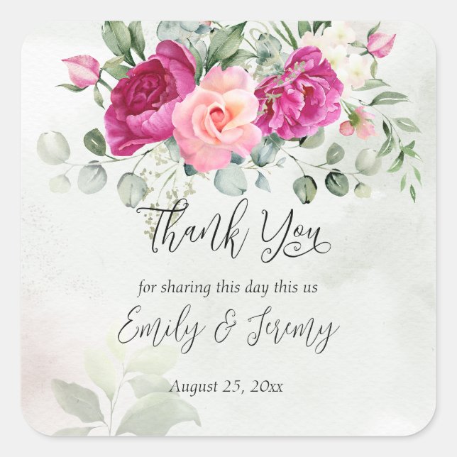 Greenery eucalyptus magenta peony roses favor gift square sticker (Front)