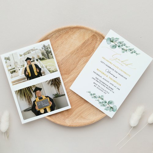 Greenery Eucalyptus Metallic Gold Graduation Invitation