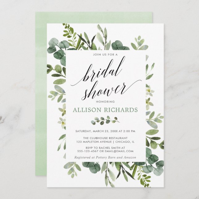 Greenery eucalyptus modern bridal shower invitation (Front/Back)