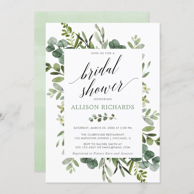 Greenery eucalyptus modern bridal shower invitation (Front/Back)