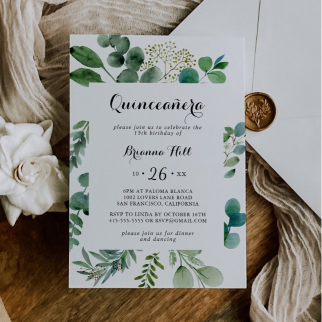 Greenery Eucalyptus Modern Calligraphy Quinceañera Invitation (Creator Uploaded)