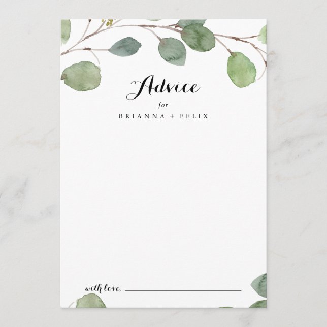 Greenery Eucalyptus Modern Calligraphy Wedding Advice Card (Front)