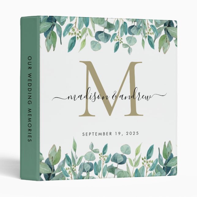 Greenery Eucalyptus Monogram Gold Wedding Album 3 Ring Binder (Front/Spine)