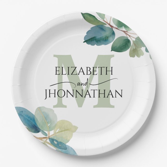 Greenery eucalyptus monogrammed wedding paper plates (Front)