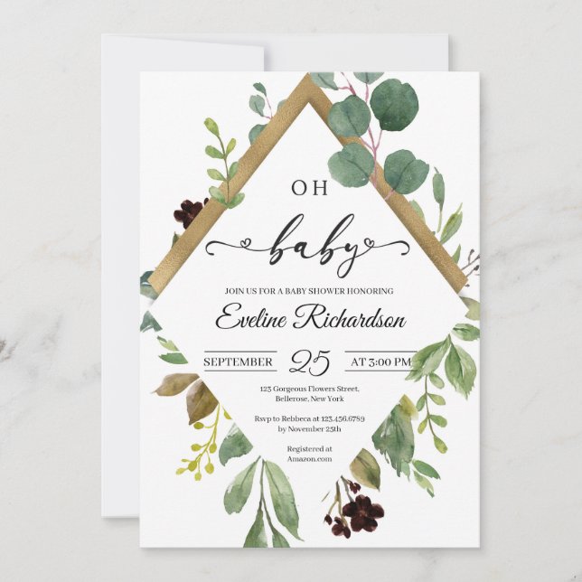 Greenery eucalyptus nad gold foil modern baby invitation (Front)