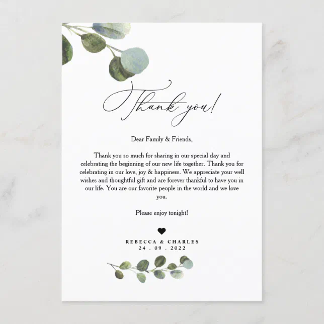 Greenery Eucalyptus Napkin Thank You Note Card | Zazzle