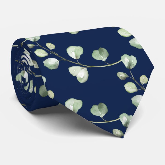 Greenery Eucalyptus Navy Blue Wedding Neck Tie
