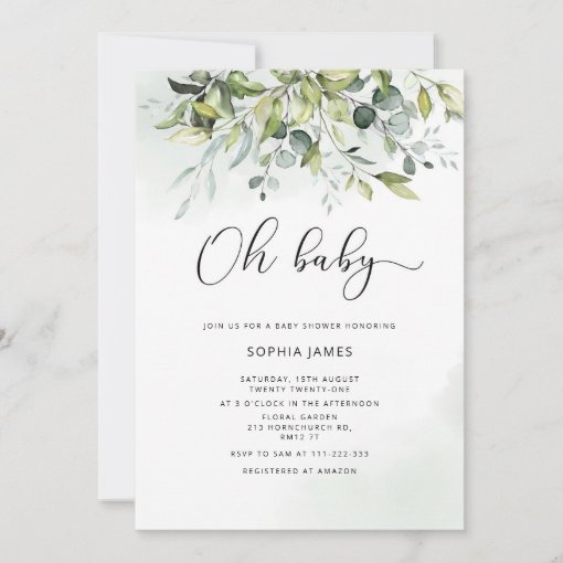 Greenery eucalyptus Oh baby baby shower Invitation | Zazzle