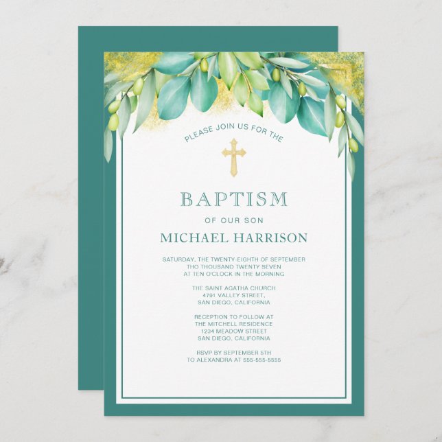Greenery Eucalyptus Olive Gender Neutral Baptism Invitation (Front/Back)