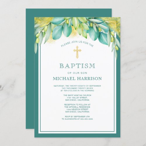 Greenery Eucalyptus Olive Gender Neutral Baptism Invitation