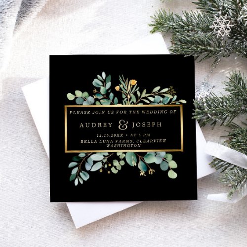 Greenery Eucalyptus on Black  Christmas Wedding Invitation