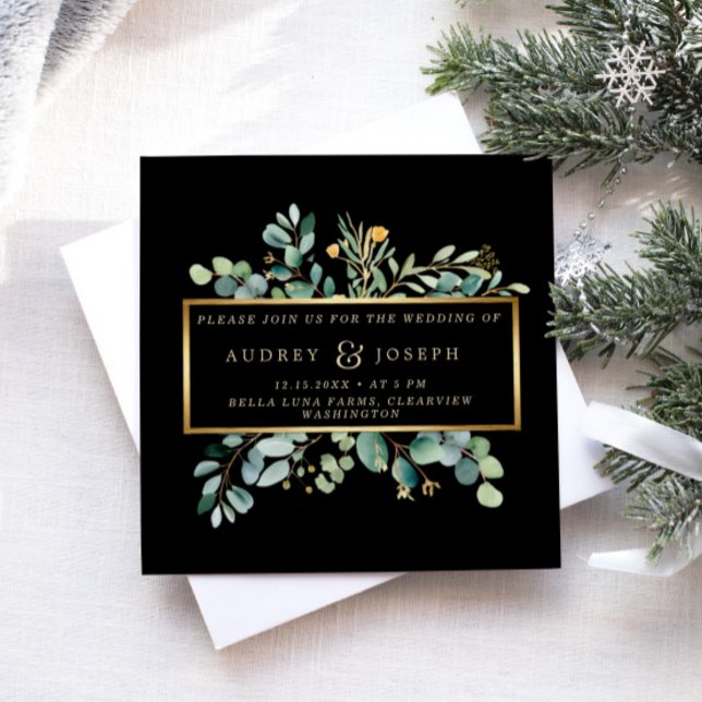 Greenery Eucalyptus on Black | Christmas Wedding Invitation (Creator Uploaded)